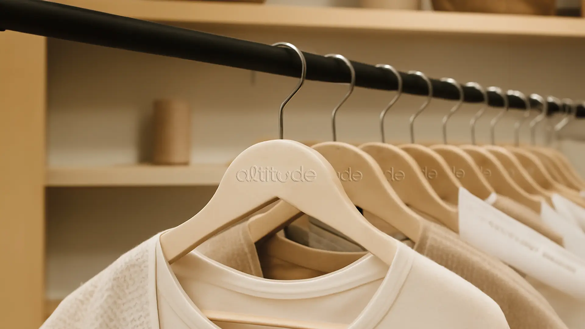 Maquette de cintres avec le logo Altitude, portant des vêtements de style minimaliste, dans un environnement de magasin.