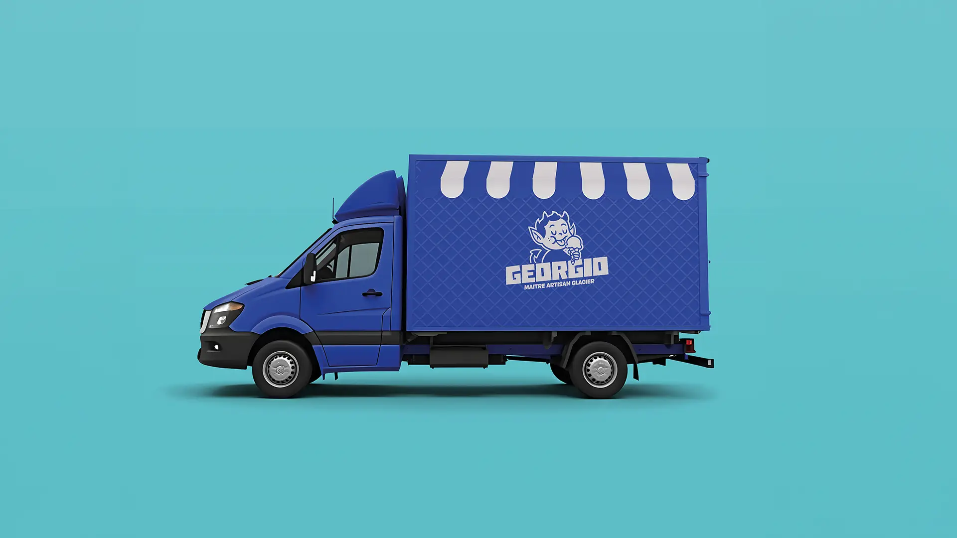 Maquette de rebranding pour le camion de vente de glaces Georgio, affichant le logo et le design coloré sur la carrosserie du véhicule.