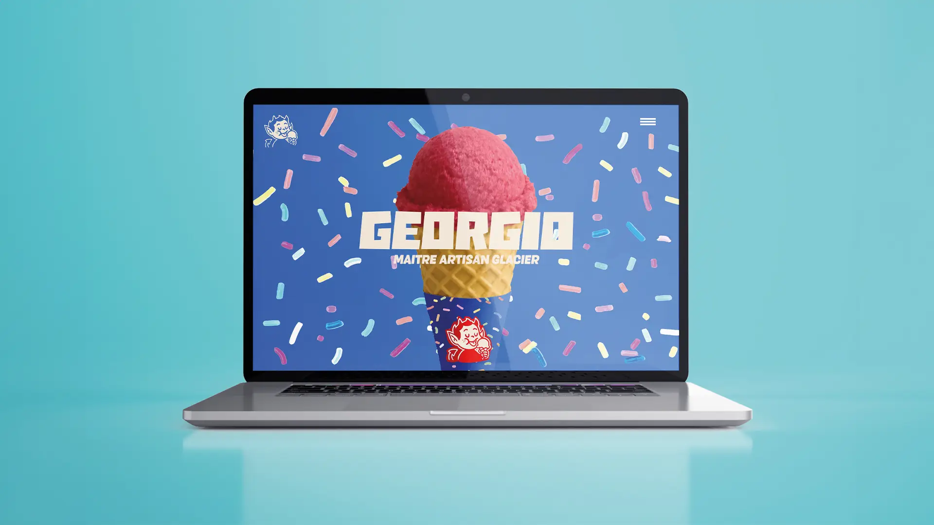 Maquette de site web pour la marque Georgio, avec une image centrale d'un cornet de glace coloré, accompagné du logo et du texte 'Maître Artisan Glacier'.