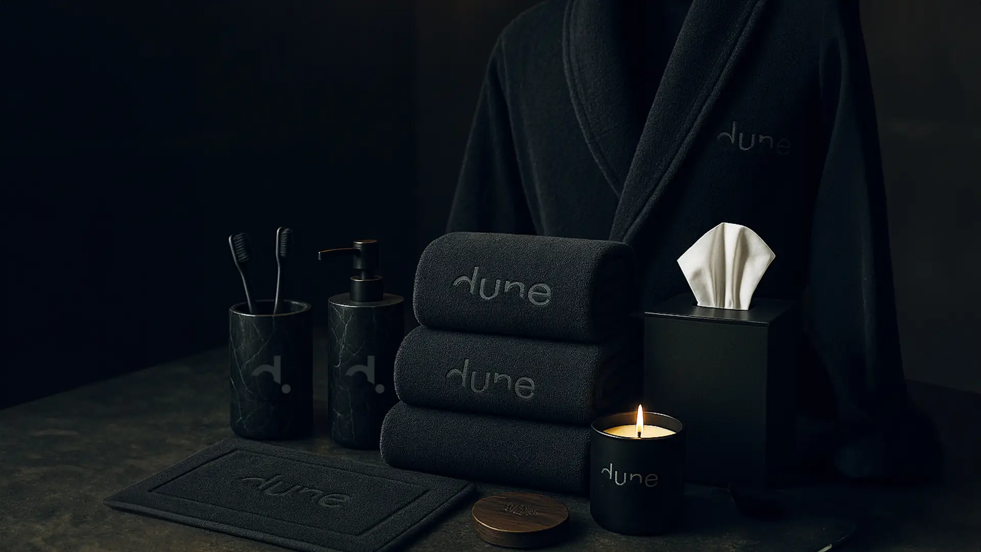 Maquette d'articles de salle de bain de luxe 'dune intérieurs' avec des serviettes, un peignoir, une bougie et des t assortis dans un style minimaliste et élégant."