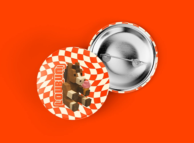 Badge promotionnel pour la marque Lou Bun un food truck béarnais. Mascotte sous les traits d'un pottok.