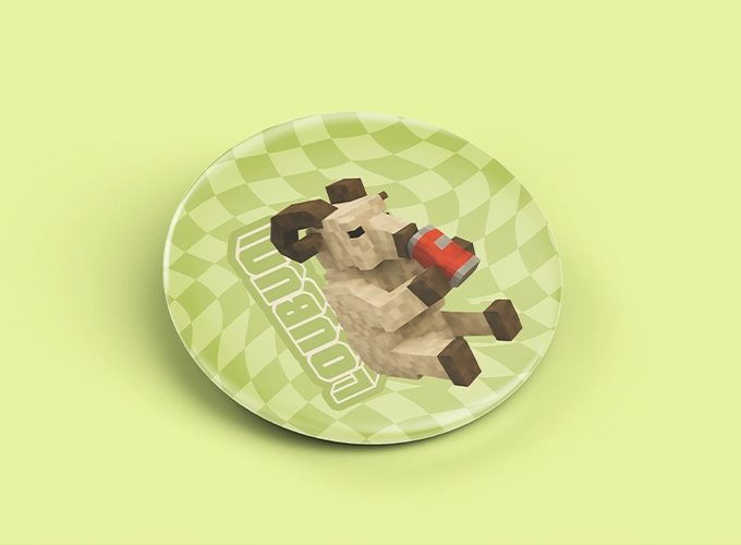 Badge promotionnel pour la marque Lou Bun un food truck béarnais. Mascotte sous les traits d'un bouc.